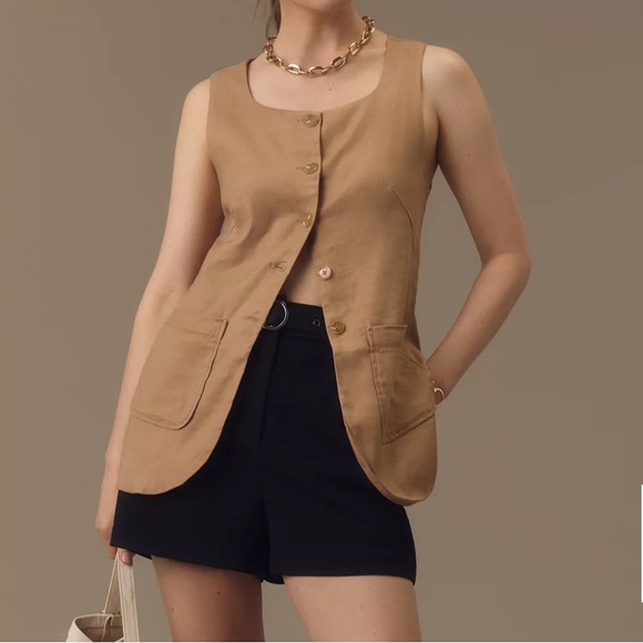 Anthropologie Maeve Tan Button-Front Vest - Picture 1 of 10